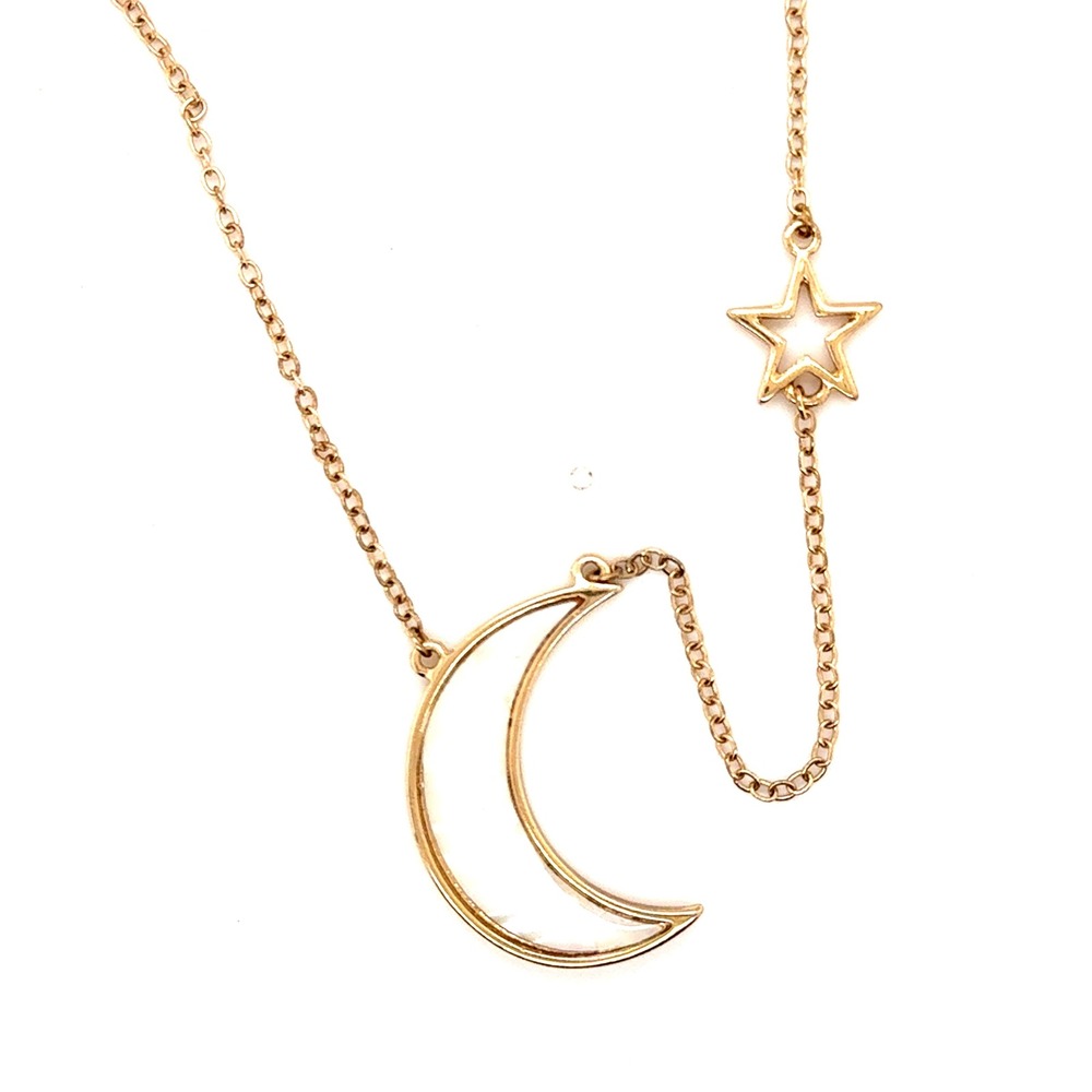 Gold Tone Crescent Moon Star Celestial Necklace Mother of Pearl Inlay 26-29 Inch
